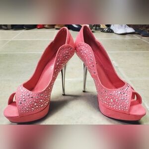 Deb Coral Pink Crystal Peep-Toe Stiletto Heels
